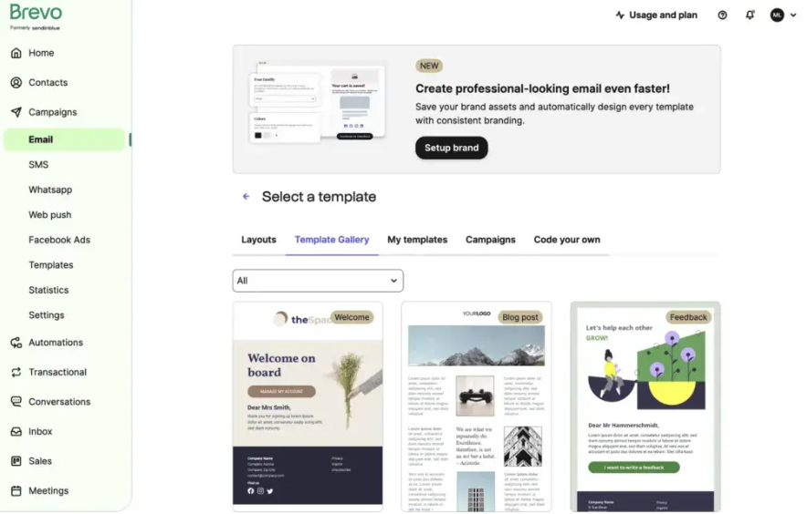 Brevo Dashboard showing various marketing tools and analytics
